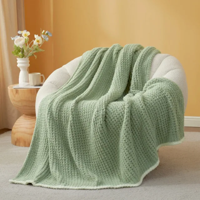 Snuggle Sac Fluffy Fuzzy Reversible Waffle Knit Blanket,Cozy Microfiber Throw,Classic Textured Design,Sage Green,50"*60"