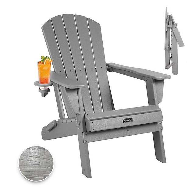 Plawdlik Folding Adirondack Chair, SGS Tested, Wooden Textured with Cup Holder, Heavy All-Weather HDPE Comfortable Set Poolside Backyard Lawn Grey