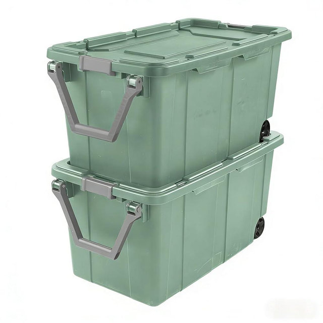 40-gallon plastic storage boxes with snap-on lids and handles, light green, 2-pack