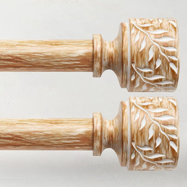 2 Pack Boho Wood Curtain Rods for Windows 28 to 48 Inch, 1" Diameter Adjustable Heavy Duty Curtain Rod with Imitation Wooden Grain Leaf Pattern Finials, Rustic Decorative Drapery Rods, Size 32"-60"