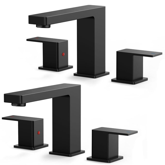 FORIOUS 2 Pack Black Bathroom Faucets 3 Hole, 2 Handle Matte Black Bathroom Sink Faucet 8 in Widespread Restroom Sink Tap with Metal Drain, Supply Hose and Spare Water Saving Aerator, Commercial