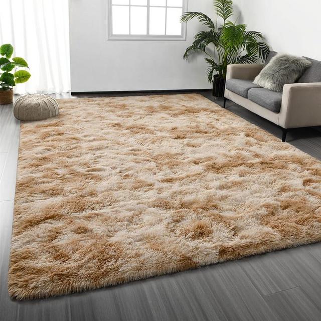 Deerhoo Large Shag Area Rugs 8 x 10, Tie-Dyed Plush Fuzzy Rugs for Living Room, Ultra Soft Fluffy Furry Rugs for Bedroom, Anti-Skid Indoor Carpet Nursery Rugs for Kids Room Home Decor, Beige