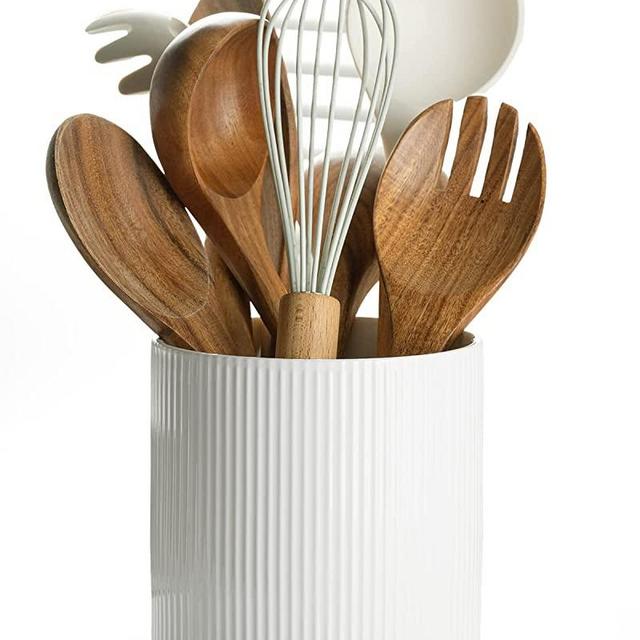 Getstar Utensil Holder, Small Kitchen Utensil Holder for Kitchen Counter (H5.6” x W5.2”), Ceramic Cooking Utensil Holder with Cork Mat, Kitchen Decor for Counter (White, Utensils Not Included)