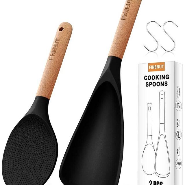 Multifunction Silicone Spatula Spoon 2-Pack Dual-Use-Heat-Resistant 446°F BPA-Free Non-Toxic Cooking for Non-Stick Cookware,Rice Cookers,Wooden Handle Scoop/Serve Meal/Rice Spoon,Scratch-Proof (Black)