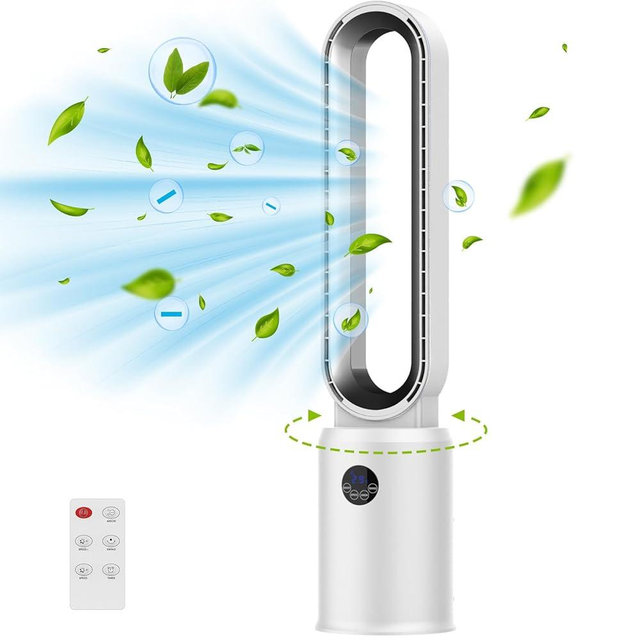 Cobuy Bladeless Tower Fan with Remote, Air Circulator Cooling Fan for Indoor Use, 24 Speeds Settings, 12 Timer, Quiet Oscillating Fan for Home Bedroom, Modern Silver
