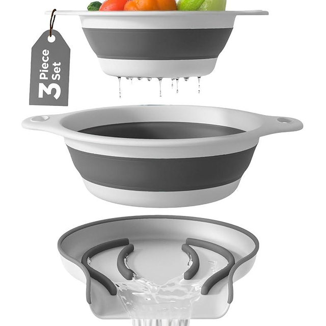 Collapsible Colanders (2 Pack Set) Food Strainers with Over-Sink Water Draining Base for Pasta Fruits and Vegetables (4 and 5 Quart) - White Gray
