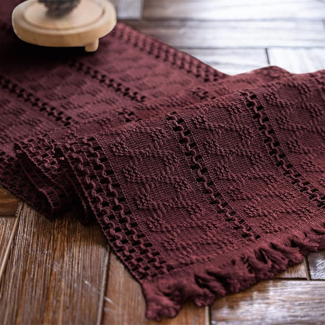 Alynsehom Macrame Table Runner Burgundy Boho Table Runner with Tassels Hand Woven Cotton Table Runner Rustic Farmhouse Table Runner for Bohemian Kitchen Dining Table(12x71in)