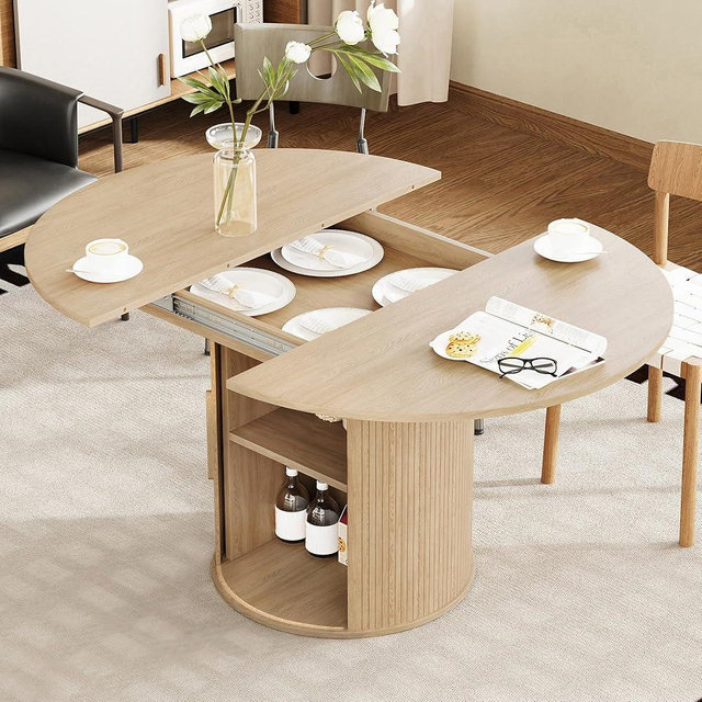 weselon 43"-59" Extendable Round to Oval Dining Table with Hidden Storage, Modern Wooden Kitchen Table with Fluted Sliding Door Cabinet, Expandable Dinner Table for Dining Room Living Room (Natural)