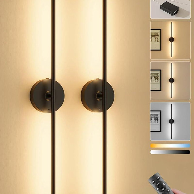 Ouyulong Battery Operated Wall Sconces Set of 2, 8000mAh Wireless Rechargeable 3000-6000K Dimmable 350° Rotate Wall Light with Remote for Living Room, Bedroom 31.6in Black