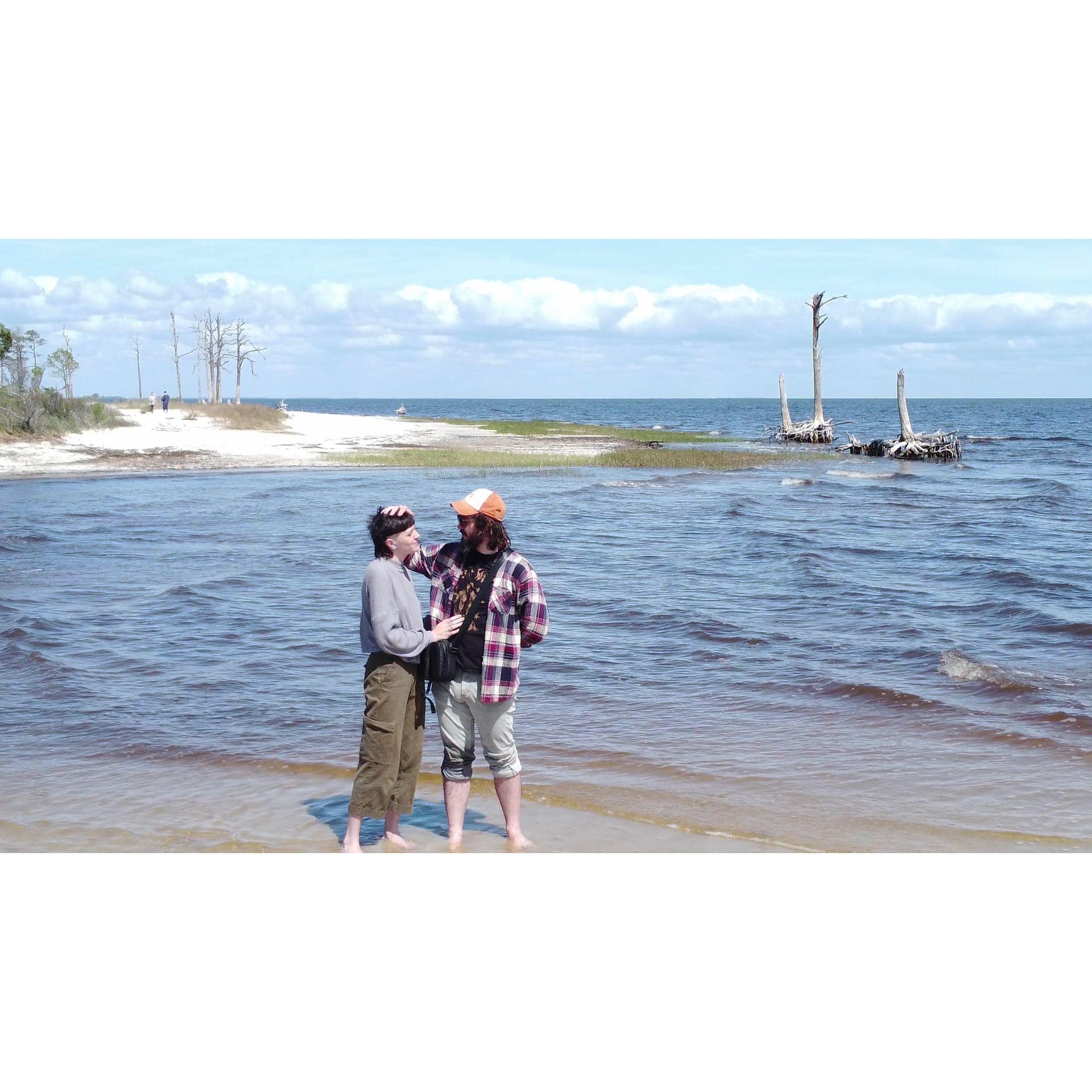 Just moments after the proposal, taken by drone. Mashes Sands Beach.