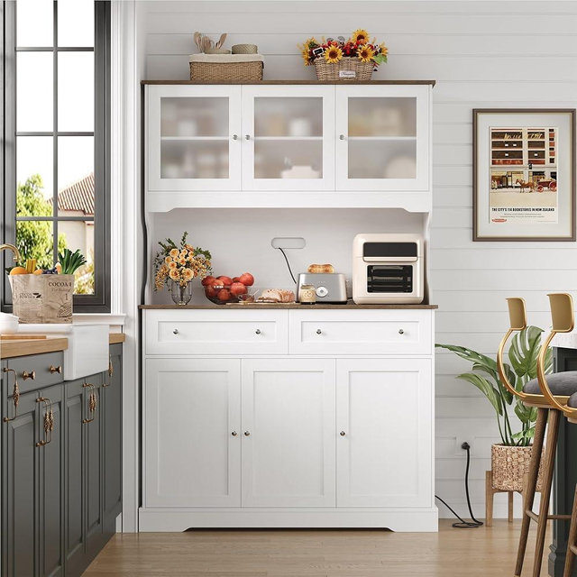 FACBOTALL 71.9" Kitchen Pantry Cabinet, Tall Storage Cabinet, Kitchen Cabinets with Countertop and Outlets, Farmhouse Kitchen Pantry Storage with Doors and Shelves for Kitchen, White
