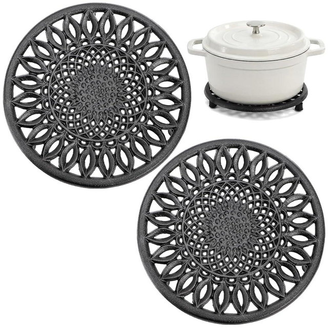 Nagpew 2 Pack Cast Iron Trivet, 7.8'' Sunflower Round Metal Trivets with Rubber Feet Caps, Heavy-Duty Heat Resistant Hot Pot Stand Dishes Holder for Kitchen, Dining Table, Countertop