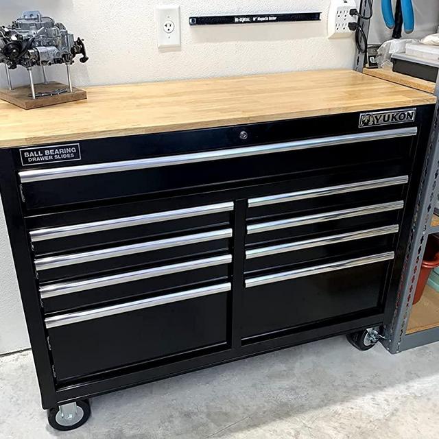 46 In. 9-Drawer Mobile Storage Cabinet With Solid Wood Top - Black Workbench