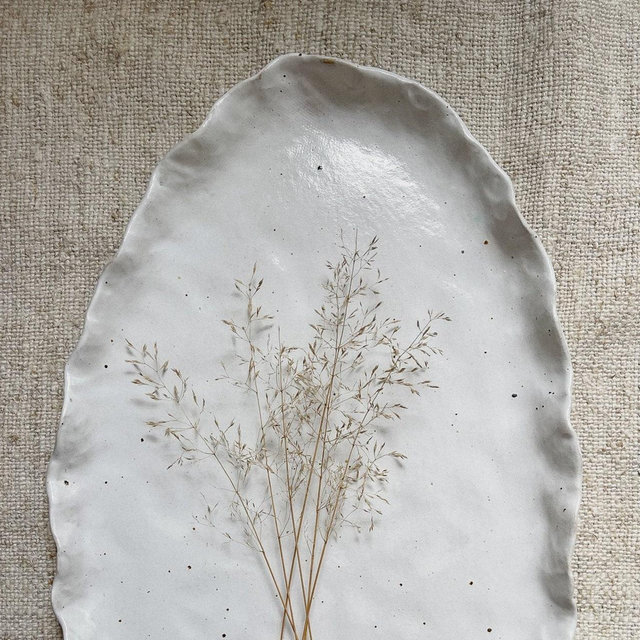 White Flecked Ceramic Platter Oval Serving Tray, Handmade