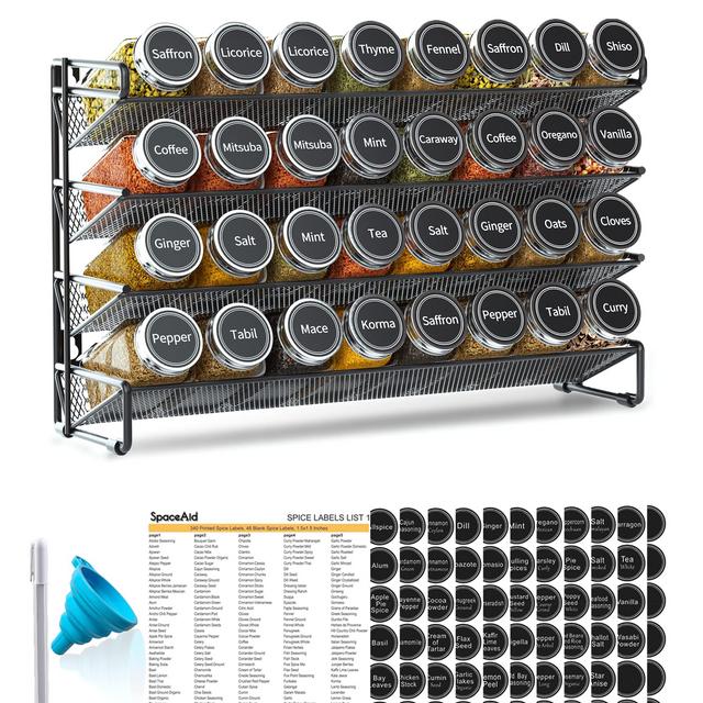 SpaceAid Spice Rack Organizer with 32 Spice Jars, 386 Spice Labels, Chalk Marker and Funnel Set for Cabinet, Countertop, Pantry, Cupboard or Door Wall Mount - 32 Jars, 15.3"W × 10.8"H