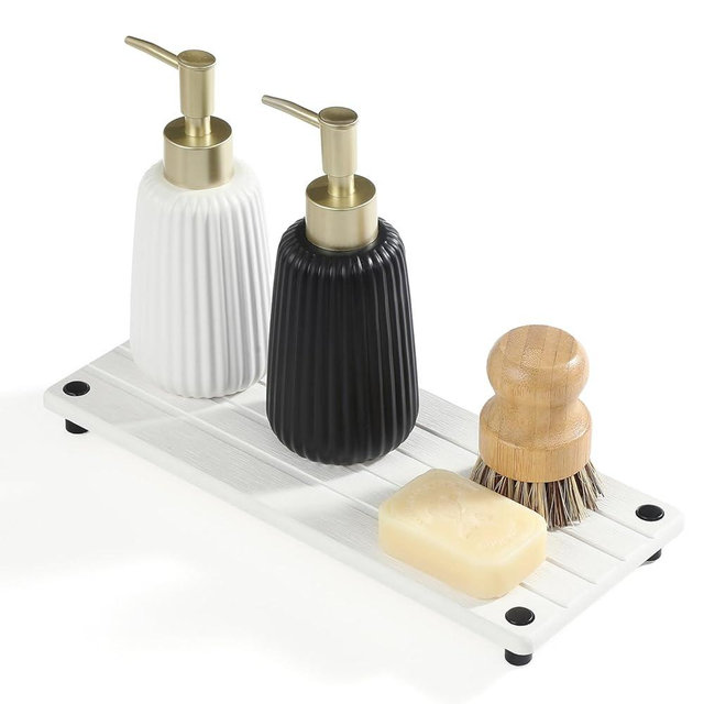 Razborci Instant Dry Sink Caddy Kitchen Sink Organizer, Quick Drying Stone Tray Diatomite Sponge Holder Soap Dish, Bathroom Countertop Fast Dry Water Absorbing Vanity Rack, White, 12" x 5"