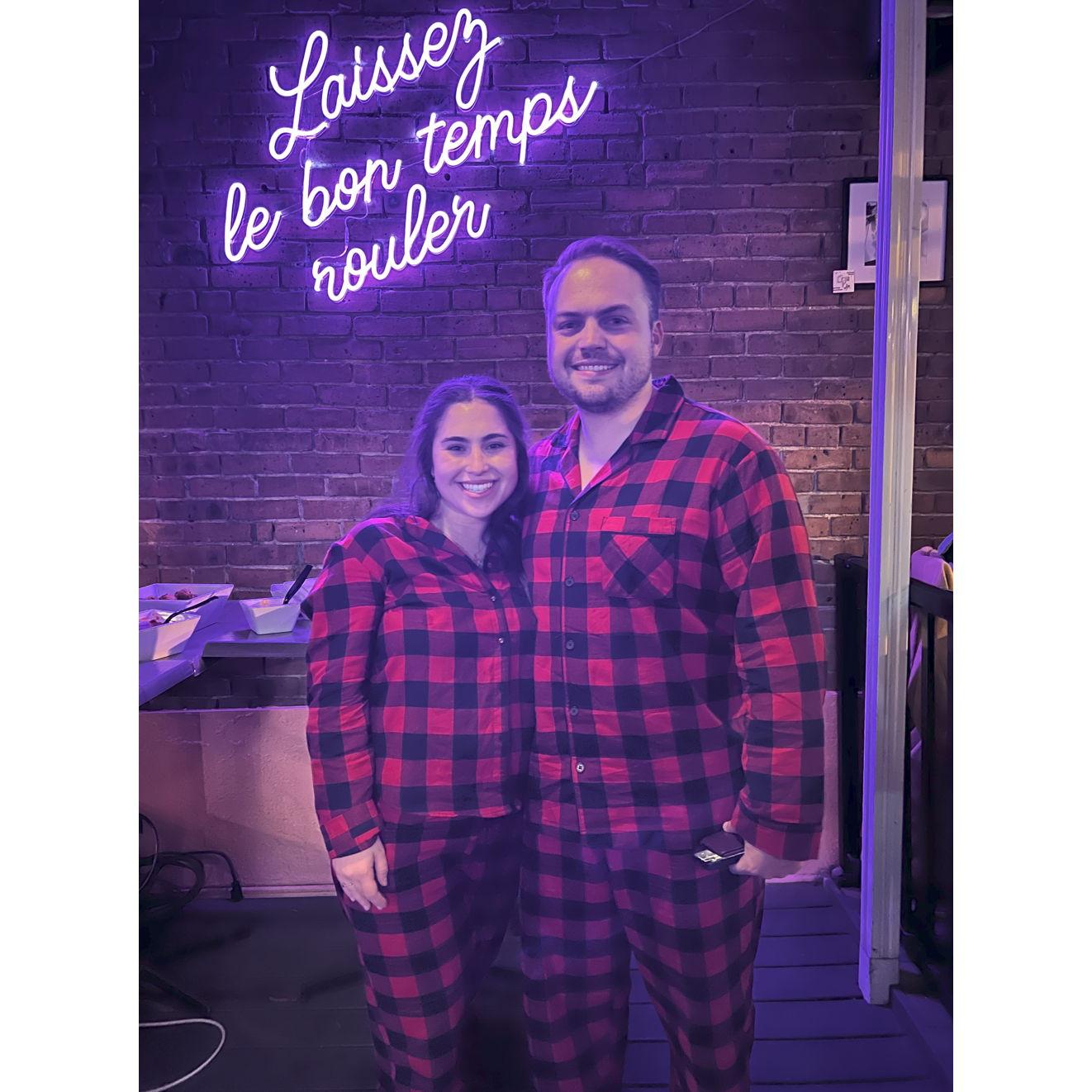 Matching Christmas PJs for our first Christmas together at the Louisiana Bar in Denver