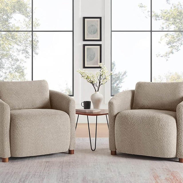 Boucle Accent Barrel Chair Set of 2, Cloud Reading Chair for Living Room & Bedroom, Furry Sherpa Armchair with Cozy Soft Throw Pillow Back, Comfy Upholstered Lounge Chair, Modern Single Sofa Chair