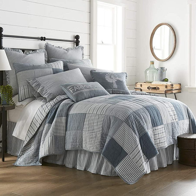 VHC Brands Sawyer Mill Blue Vintage Plaid and Ticking Stripe Patchwork King (105x95 inches) Quilt for All Season, 100% Cotton, Reversible Bedding Accessory