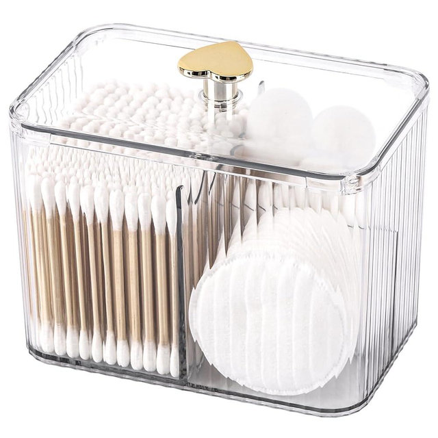 Tbestmax Qtip Holder Dispenser 3-Section Clear Bathroom Organizer Jar Cotton Swab/Pad/Ball Holder Container Cosmetics Storage for Vanity