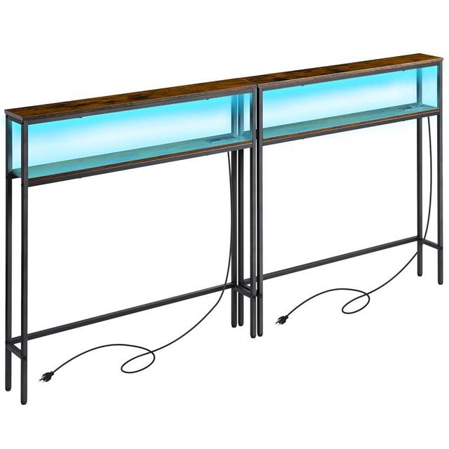 ELYKEN 2 Pack 5.9" Narrow 2-Tier Console Sofa Table with LED Strip Light, 5.9" Dx39.4”Wx39.4”H Behind Couch Table with Charge Station, Skinny Table with 6.5’ Extension Cord, Rustic Brown