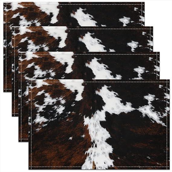 Cowhide Print Placemats 12x18 Inch,Farm Milk Cow Skin Washable Table Place Mats Easy to Clean,Vintage Farmhouse Style Decorative Placemats for Dining Table Set of 4