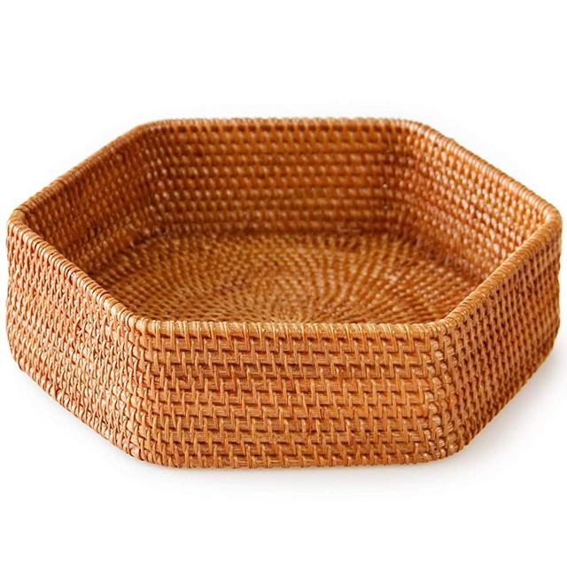 Hexagonal decorative Rattan wicker woven tray basket, for coffee table and ottoman decor, or living and bathroom. For displaying small items or keeping keys neat near books and an organic feel at home