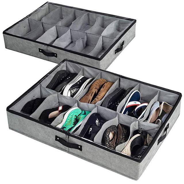 storageLAB Under Bed Shoe Storage, Shoe Organizer Under Bed with Clear Top Cover and Sturdy Sides - Set of 2, Fits Up to 24 Pairs Total - Bedroom Storage and Organization