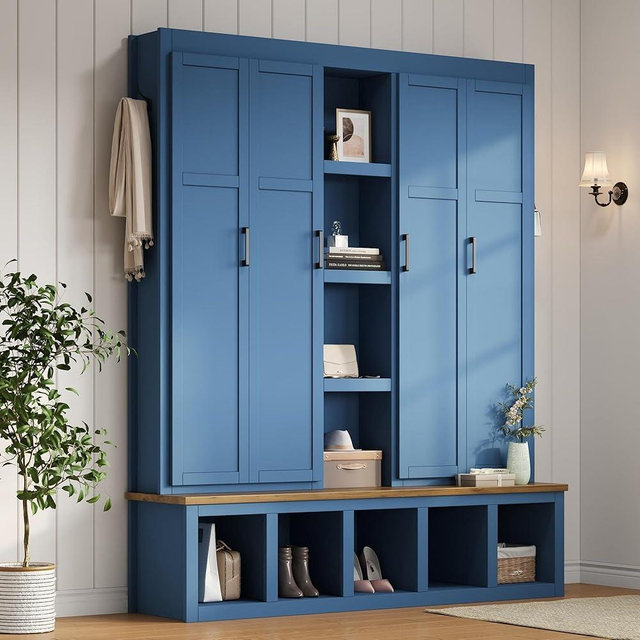 Hlcodca Farmhouse 4-in-1 Hall Tree with 6 Hanging Hooks, Open Compartments, Seating Bench, Multi-Functional Entryway Organizer Shoe Cabinet for Living Room, Hallway (Blue/4-in-1)