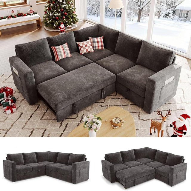 SUAWY 83.5" Sectional Sleeper Sofa with Pull Out Couch, Modern 5 Seat L Shaped Modular Couch, Sectionals Modular Sofa with Storage, Comfy Sectional Couches for Living Room & Apartment, Dark Gray