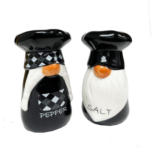 KARALIN Ceramic Gnome Salt & Pepper Shaker Sets Tabletop Accessories Cute Gnomes Chef Design Family Gifts with Gift Box ready (Black & White)
