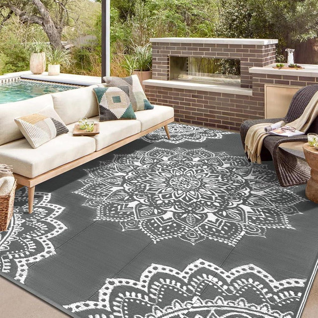 Yamaziot Waterproof Outdoor Rug 8x10 ft, Reversible Plastic Straw Rug for Patio Clearance, Camping, RV Mat, Large Outside Rug Carpet for Porch, Deck, Backyard, Balcony, Picnic (Grey)