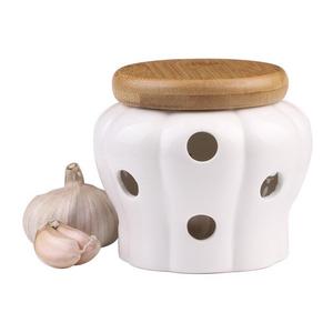 JD Gems - White Stoneware Garlic Keeper with Bamboo Lid and 12 Air Vent