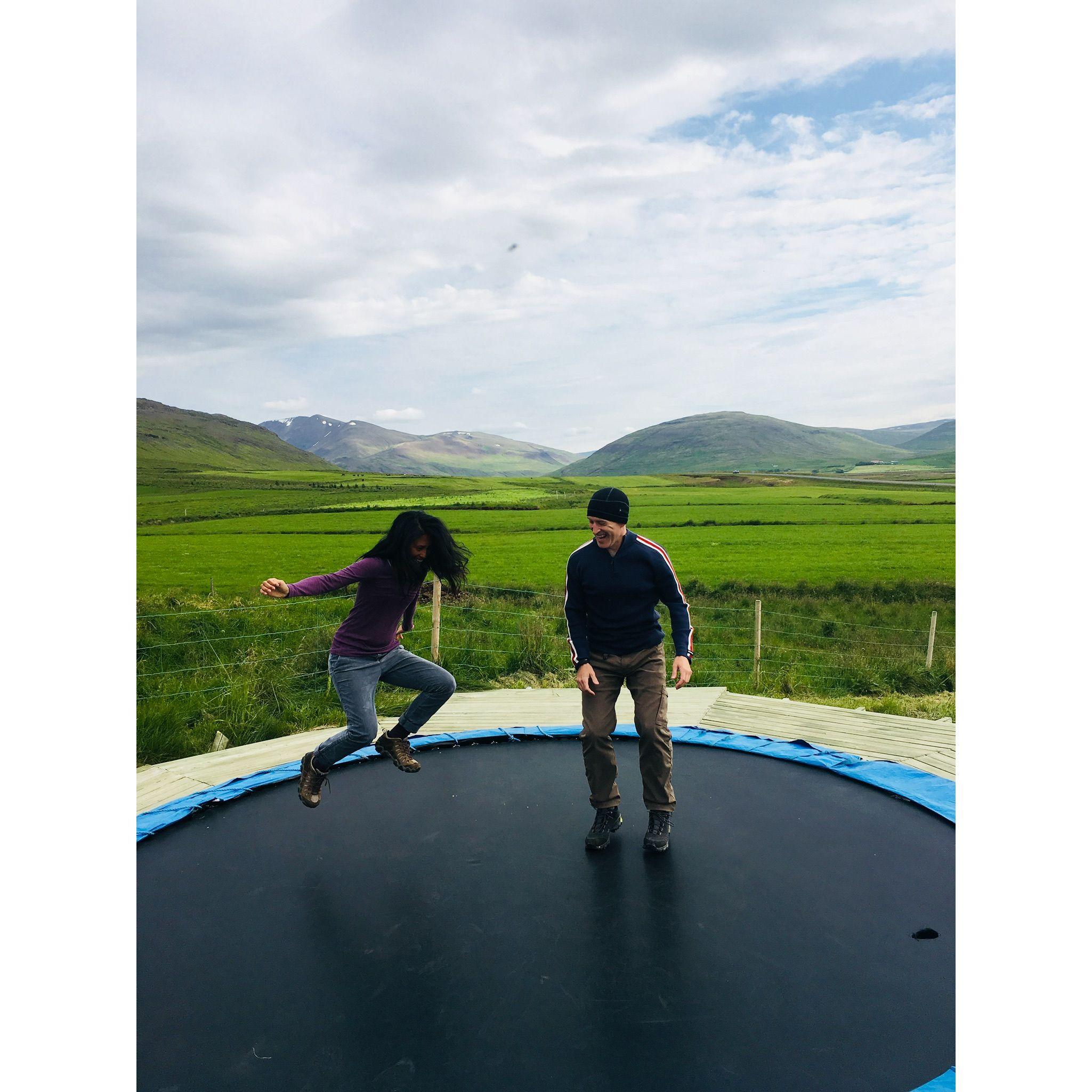 In Iceland at a dairy farm, that also happened to have a trampoline . . .