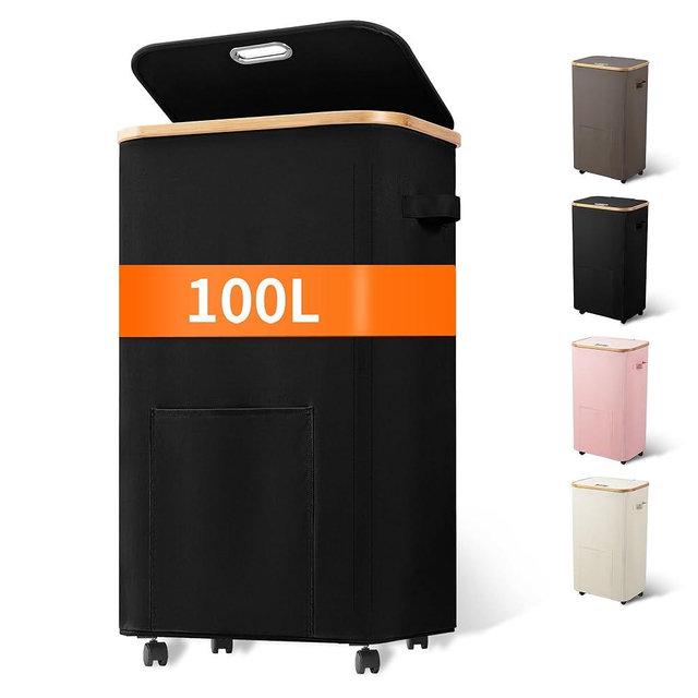 Vincona Laundry Basket with Wheels, Tall Dirty Clothes Hamper on Wheels, Rolling Laundry Hamper with lid for Dorm, Bedroom and Bathroom (Black, 100L)