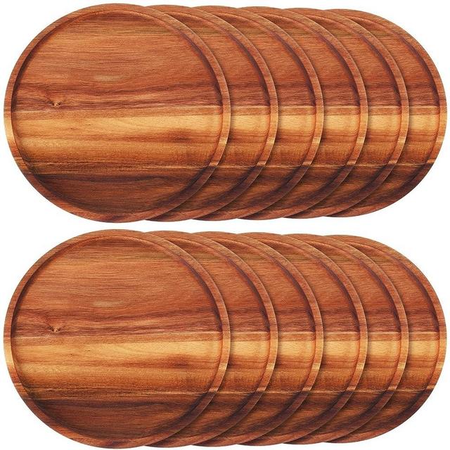 12 Pieces Acacia Wood Dinner Plates 10 Inch Round Wood Dishes Wooden Charger Serving Tray Easy Cleaning Lightweight Dinnerware Unbreakable Classic Plate for Dishes Snack, Dessert, Housewarming Gift