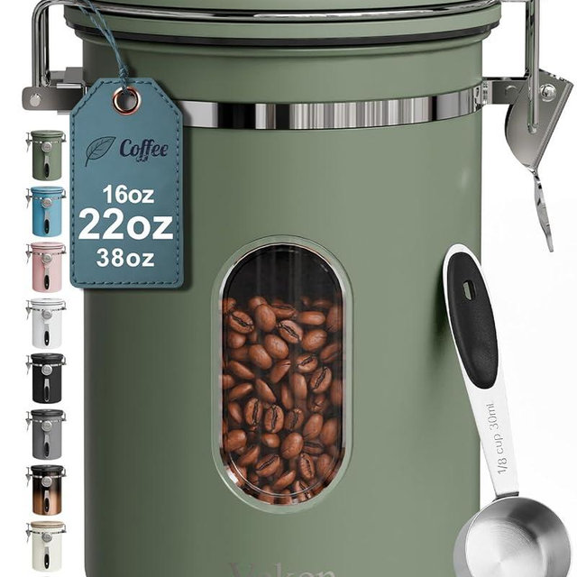 Veken Coffee Canister with Window, Airtight Stainless Steel Kitchen Food Storage Container with Lids, Date Tracker and Scoop for Grounds Coffee, Beans, Tea, Flour, Cereal, Sugar Jars, 22OZ, Green