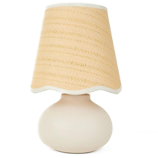 11" Small Mini Boho Table Lamp – Handmade Ceramic Cream Base with Scallop Woven Rattan Shade, Dimmable Plug-In Accent Light for Bedroom, Nightstand, Small Spaces, Kitchen Counter, Bookshelf