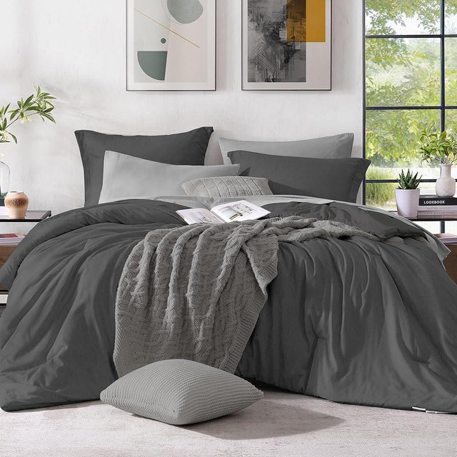 Monbix King Size Comforter Set, Dark Grey King Size Bed Set Reversible, King Size Comforter Set 7 Pieces, Cationic Dyeing Bed in a Bag with Comforter, Sheets, Pillowcases & Shams