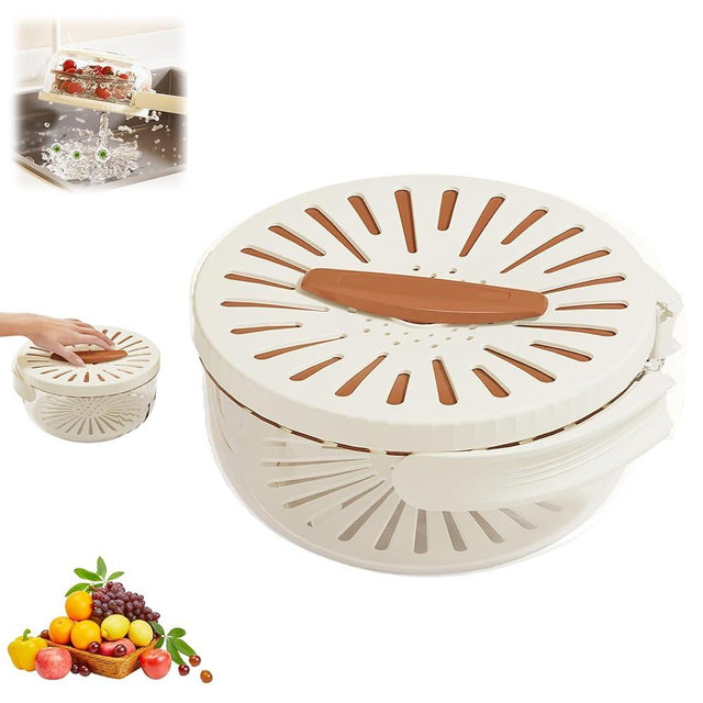 New Draining Basket with Lid, 2 in 1 Multi-function Drain Basket, Drainer for Food, Colander with Handle, Kitchen Sink Drain Basket for Vegetable Washing, Fruit, Freezer Safe (brown)