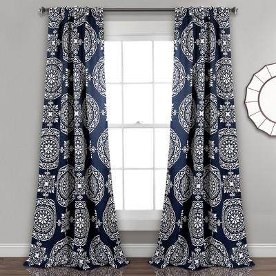 Karmen Medallion Room Darkening Window Curtain Panels Navy Set 52"X84" - Lush Decor