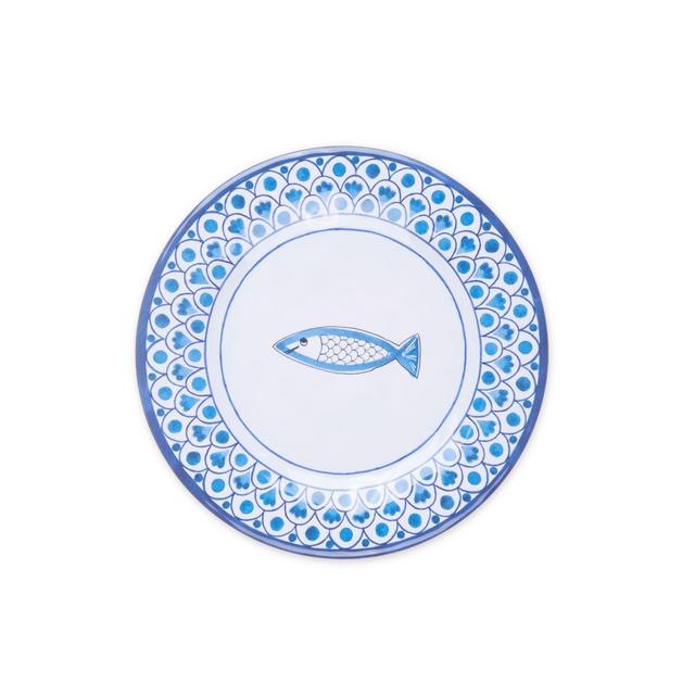 Scalloped Tile Fish Melamine Salad Plate in White/Blue