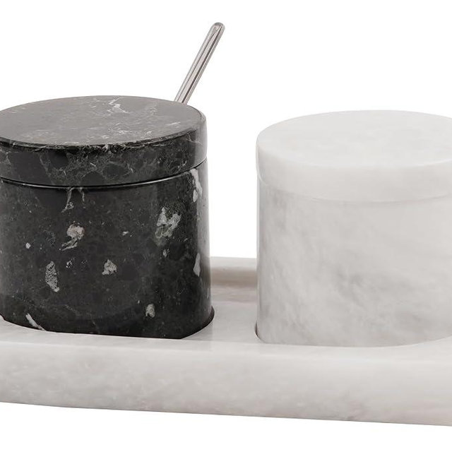 Radicaln Marble Salt Cellar With Lid Set of 2 Black and White Handmade Salt and Pepper Bowl Box With Marble Tray - Spice & Salt Storages For Kitchen Rack - Spices Container Set For Home