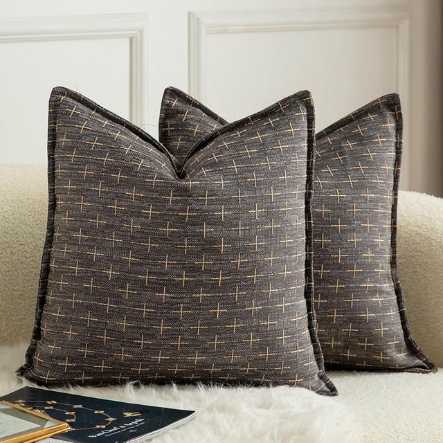MANDIOO Pack of 2 Burlap Linen Throw Pillow Covers Woven Textured Modern Farmhouse Cushion Covers Pillowcase Decorative Couch Sofa Bed Living Room 18 x 18 Inch Dark Grey