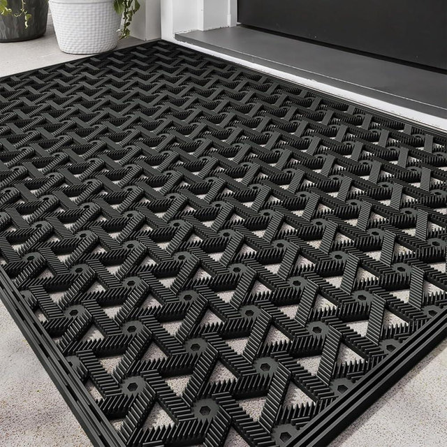 LUMI Outdoor Doormat 19x30, Front Door Mat for Outside Entrance, Heavy Duty Rubber Welcome Exterior Doormat with Non Slip Waterproof All Weather Drainage Holes, Easy Clean Entryway Rug, Black