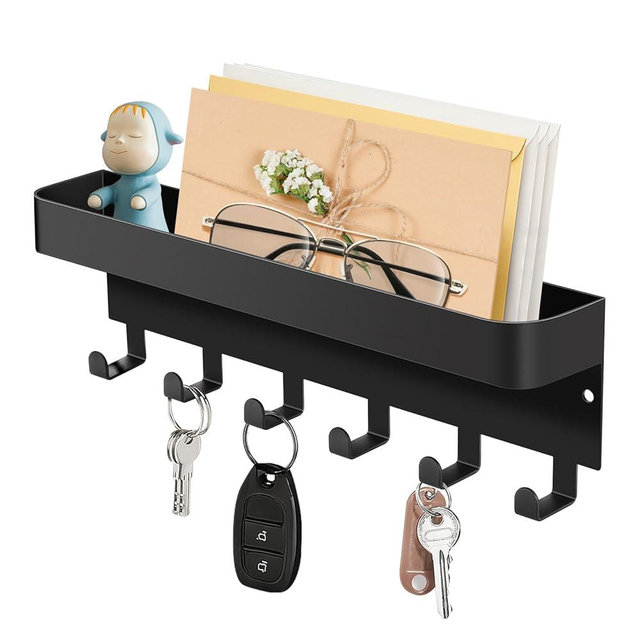 RELBRO Magnetic Key Holder for Fridge, Metal Wall Mount Key Rack with Shelf, 6 Hooks, 2 Installation Options, Black