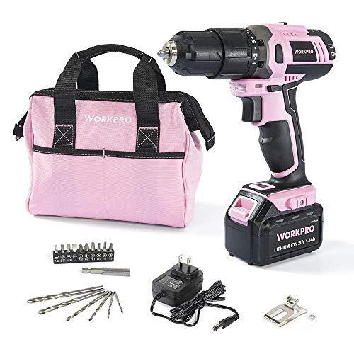 WORKPRO Pink Cordless 20V Lithium-ion Drill Driver Set (1.5Ah),1 Battery, Charger and Storage Bag Included