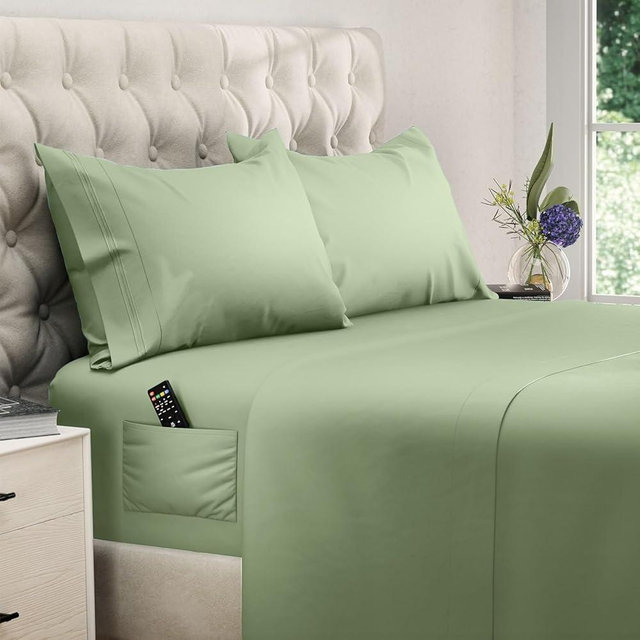 DREAMCARE Queen Sheet Set – 4 pcs Cooling Sheets – up to 21” Extra Deep Pocket Queen Sheets – Hotel Luxury Pillowcases – Superior Softness 100% Microfiber with Side Pocket - Sage Green