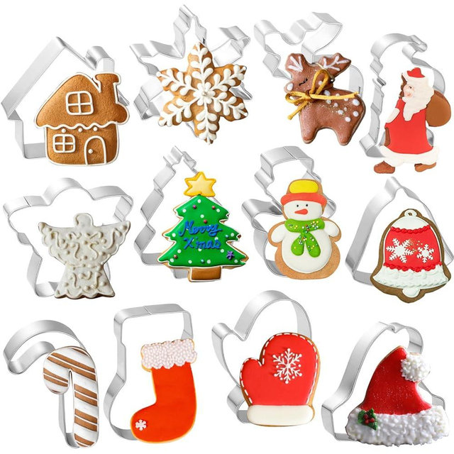 Christmas Cookie Cutter Set - Snowman, Snowflake, Christmas Tree, Gingerbread Man, House, Candy Cane, Angel, Stocking, Bell, Christmas Fondant Biscuit Cutter for Holiday Winter Baking