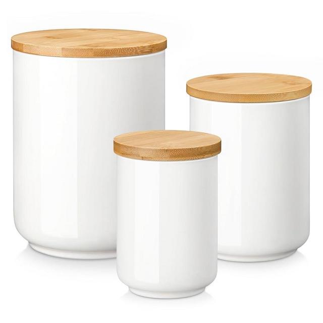 MALACASA Canisters Sets for the Kitchen, Ceramic Kitchen Canisters for Countertop, Coffee jar with Airtight Wood Lids, Flour and Sugar Containers Set of 3, White Food Storage Jars for Tea, Cereal, Nut